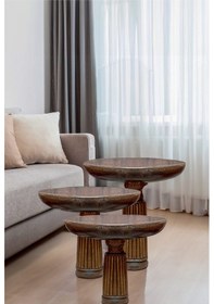 Resim Wood Wooden Ahşap 3 Lü Set Fitilli Mantar Yan Sehpa / Ceviz Renk / Ceviz Renk Mushroom Side Table Kahverengi 