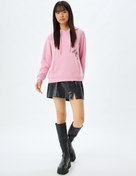 Resim Kapüşonlu Oversize Sweatshirt Kedi İşlemeli Cep Detaylı Şardonlu 
