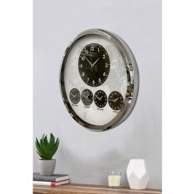 Resim Bahat 5 Li Otel Dünya Duvar Saati Metal Krom Çerçeve Çap 52 cm 