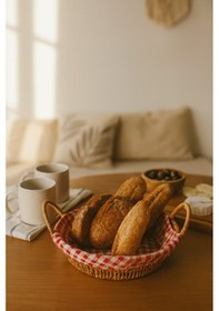 Resim Yuvarlak Hasır Ekmek Sepeti Kırmızı Beyaz Kareli Kumaşlı Kahvaltı Ve Sunum Sepeti Turuncu 