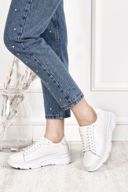 Resim Gönderi R Kadın Beyaz Bağcıklı Dolgu Taban Hakiki Deri Sneaker Dyza13424166 Beyaz 