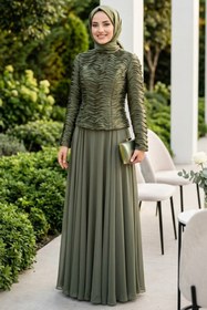 Resim N.S NEVA STYLE Büzgü Detaylı Haki Tesettür Abiye Elbise 54912HK 