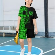 Resim Erkek Çocuklar İçin Yeşil Ekose Desenli Moda 3D Baskılı Rahat Kazak ve Şort Takımı, Kısa Kollu, Dış Mekan Kişilik Giyim için Mükemmel 
