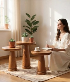 Resim ASELYA HOME Doğal Ahşap 3’lü Set Mantar Yan Sehpa Modern Fiskos Zigon Çiçeklik 