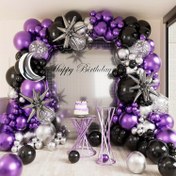Resim 154 parça, Metal Mor Balon Kemer Kiti, Siyah Mor Gümüş Lateks Balonlar ve Gümüş Dantel Lateks Balonlar, Gümüş Ay, Patlayan Yıldız Alüminyum Film Balonlar, Doğum Günü Partileri, Parti Dekorasyonları, Yıl Dönümleri, Nişan, Mezuniyet Törenleri ve Diğer İç ve Dış Mekân Dekorasyon Düzenlemeleri İçin Uygundur. 