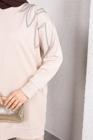 Resim Sfg Life Moda Kadın Bej Tesettür Giyim Zarif Taş Detaylı Tunik & Pantolon İkili Takım 