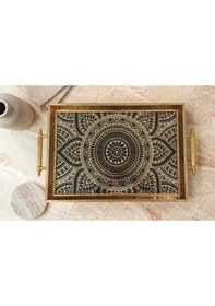 Resim Mandala Desenli Dekoratif Tepsi Gold Çerçeveli Kulplu Çay Kahve & Sunum Tepsisi 