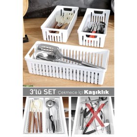 Resim 3'lü Modüler Kaşıklık Seti, Mutfak Düzenleyici, Çekmece Içi Organizer, Beyaz 