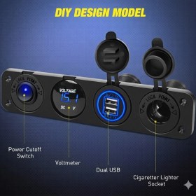 Resim MELLİFERA 4’lü Marin Panel - Çift USB Şarj, Dijital Voltmetre, Çakmaklık Soketi ve On-Off Anahtar (12V/24V) 