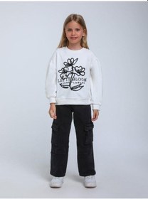 Resim Kız Çocuk Çiçek Nakışlı Sweatshirt-14248 Beyaz 