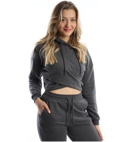 Resim Kadın Kruvaze Detaylı Kapüşonlu Crop Sweat Antrasit 