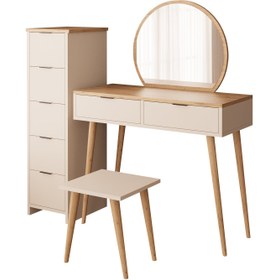 Resim Bimossa U10 Lucy Çekmeceli Dolaplı Tabureli Makyaj Masası - Meşe - Kumtaşı 