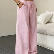 Resim Kadınlar için Yüksek Bel Geniş Paça Pantolon Cebi ile - Düz Renk Mavi, Rahat Yaz Stili, Bağcıklı Bel, Hafif Polyester Kumaş, Plaj veya Tatil Kıyafetleri için Mükemmel, Plaj Giyim Pantolonu | Rahat Kesim Pantolon | Pürüzsüz Dokulu Pantolon 