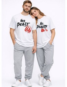 Resim Sevgili Kombini Her Beast His Beauty Oversize Çift Tişört Unisex Beyaz 