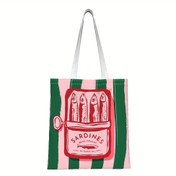 Resim Renkli Maksimalist Sardalya Desenli Tote Çanta - Sabit Askılı, Pembe & Yeşil Çizgili "Zeytinyağlı Sardalya" Tasarımlı Yeniden Kullanılabilir Alışveriş Çantası, Moda, Plaj, Piknik ve Yiyecek Çantası 