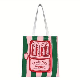 Resim Renkli Maksimalist Sardalya Desenli Tote Çanta - Sabit Askılı, Pembe & Yeşil Çizgili "Zeytinyağlı Sardalya" Tasarımlı Yeniden Kullanılabilir Alışveriş Çantası, Moda, Plaj, Piknik ve Yiyecek Çantası 