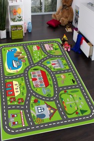Resim CENTER AVM Yeşil Çocuk Odası Halısı Leke Tutmaz Makinede Yıkanabilir Kaymaz Taban Halı 