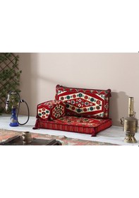 Resim Şark Köşesi Takımı , 95 cm Yer Minderi Takımı (Sünger Dahil) Yörük Kırmızı Modeli (3 Parça) 