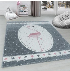 Resim Sevimli Flamingo Desen Kolay Bakım Çocuk Halısı Gri 