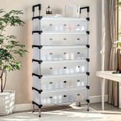 Resim 7 Katlı Paslanmaz Çelik Ayakkabı Rafı - Şeffaf Çekmeceli ve Siyah Detaylar, Toz Geçirmez, Dayanıklı Ayakkabılık Organizatörü, Tekerlekli Ev, Yatak Odası, Ofis, Mutfak Depolama İçin Çok Amaçlı Modern Tasarım, Sağlam Yapı 