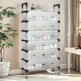 Resim 7 Katlı Paslanmaz Çelik Ayakkabı Rafı - Şeffaf Çekmeceli ve Siyah Detaylar, Toz Geçirmez, Dayanıklı Ayakkabılık Organizatörü, Tekerlekli Ev, Yatak Odası, Ofis, Mutfak Depolama İçin Çok Amaçlı Modern Tasarım, Sağlam Yapı 