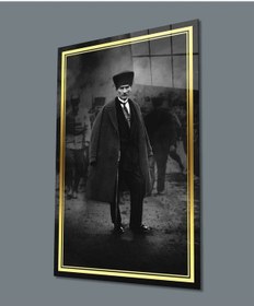 Resim Miyrem Glasses Collection -a1^ Gold Şerit Siyah Beyaz Pardesülü Atatürk Cam Tablo 