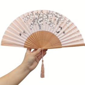 Resim El yapımı bambu katlanır el yelpazesi, püskül ile, zarif kadın hediyesi, düğün partisi hediyesi, geleneksel el yelpazesi, Çin/Japon tarzı, vintage 