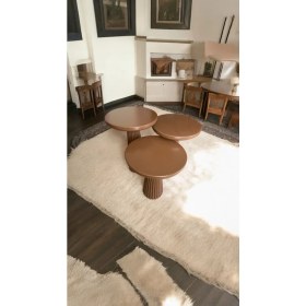 Resim Wood Wooden Ahşap Kahverengi Renk 3lü Set Mantar Yan Sehpa Fiskos Çiçeklik Decorative 