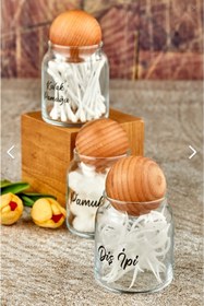 Resim FBZhome 3'lü Ahşap Top Kapaklı Cam Kulak Pamuğu & Diş Ipi & Pamuk Kavanozu 300 ml 