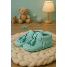 Resim Peppa Hakiki Deri Yeşil Püsküllü Lastikli Bebek Patik 