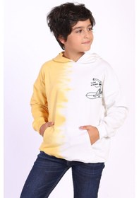 Resim Toontoy Kids Toontoy Erkek Çocuk Oversize Kapüşonlu Cepli Düşük Omuz Renk Bloklu Baskılı Sweatshirt - 2 İplik Hardal 