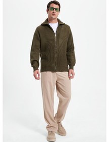 Resim Tudors Erkek Slim Fit Dik Yaka Fermuarlı Haki Düz Hırka-42317 Haki 