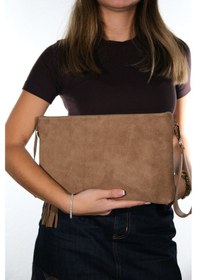 Resim Morden Vizon Süet Hakiki Deri Kadın Clutch Çanta Vizon 