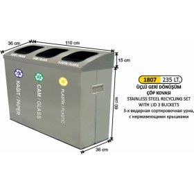 Resim Arı Metal Geridönüşüm Kovası 3 Lü Paslanmaz Kapaklı 