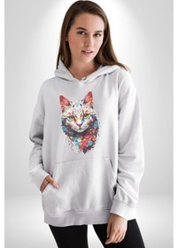 Resim Renki Kedi Sarı Gözlü Tekir Kadın Erkek Beyaz Kapüşonlu Sweatshirt Hoodie Beyaz 