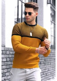 Resim Madmext Hardal Renk Bloklu Erkek Kazak 4734 Hardal 