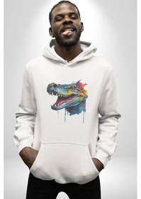 Resim Timsah Renkli Kafası Kadın Erkek Beyaz Kapüşonlu Sweatshirt Hoodie Beyaz 