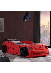 Resim Arabalı Yatak, Ladybird Ledli Arabalı Yatak - Kırmızı + 1 Comfort Yatak 
