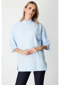 Resim On Fashion Kadın Yarım Kol Tek Omuz Zincirli Mavi Kazak 65381 Mavi 