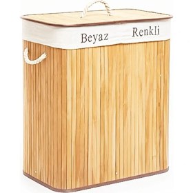 Resim Shopwave Dikdörtgen Iki Bölmeli Iç Bez Bambu Ahşap Kirli Çamaşır Sepeti Ip Kulp 52X32X62CM (5047) 