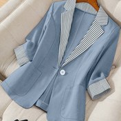 Resim Kadınlar İçin Açık Mavi Çizgili Üç Çeyrek Kollu Blazer Ceket - Orta Doğu Esintili H-Siluet, Makinede Yıkanabilir Tek Düğme Kapama, Şık Ofis ve Günlük İlkbahar/Yaz Dış Giyim, Pürüzsüz Kumaş 