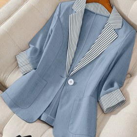 Resim Kadınlar İçin Açık Mavi Çizgili Üç Çeyrek Kollu Blazer Ceket - Orta Doğu Esintili H-Siluet, Makinede Yıkanabilir Tek Düğme Kapama, Şık Ofis ve Günlük İlkbahar/Yaz Dış Giyim, Pürüzsüz Kumaş 
