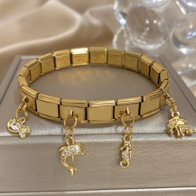 Resim Deniz Hayvanları Serisi Ahtapot & Yunus Charm Bileklik - Taşlı Detaylar, Paslanmaz Çelik Elastik Saat Kayışı, Şık Altın Tonlu Takı, Günlük Kıyafetler, Partiler, Sevgililer Günü ve Şükran Günü Hediyesi (Yıl Boyu) 