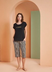 Resim Pjs Kadın Leopar Desenli Yuvarlak Yaka Kısa Kollu Rahat Kapri Pijama Takım Siyah 