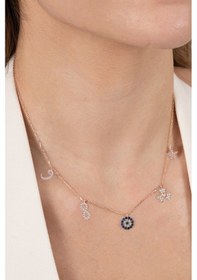 Resim 925 Ayar Gümüş Kolye Rose Zirkon Taşlı Nazarlı Şans Kolyesi Barcode Rose Gold 