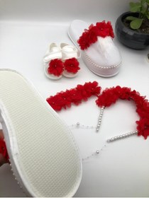 Resim ArdaStore Anne Bebek Kırmızı Çiçekli Logusa Seti Terlik Taç Bandana Bebek Patiği 