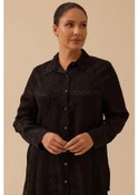 Resim Kadın Büyük Beden Çiçek Desenli Jakar Gömlek - Siyah Siyah 