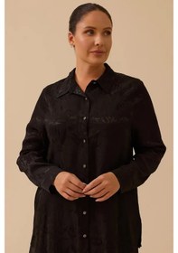 Resim Kadın Büyük Beden Çiçek Desenli Jakar Gömlek - Siyah Siyah 