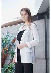 Resim Yazlık Likrasız Keten Kumaş Yakalı Cep Kapaklı Oversize Blazer Ceket-beyaz Beyaz 