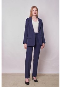 Resim Kadın Yakalı Cep Kapaklı Uzun Kol Hafif Likralı Kumaş Oversize Blazer Ceket Pantolonu Jument 40075 -lacivert Lacivert 